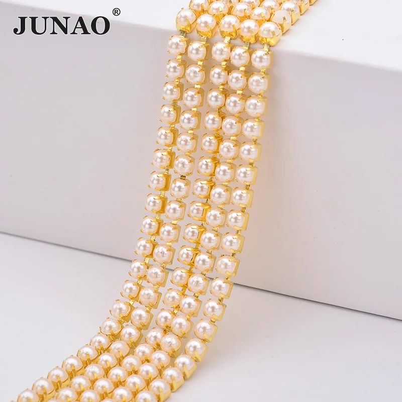 JUNAO ss6 ss12 ss16 화이트 진주 체인 라인 석 트림 신부 진주 목걸이 장식 웨딩 드레스에 대한 아크릴 Strass Applique