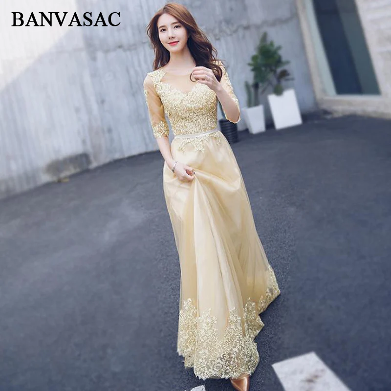 

BANVASAC 2018 Illusion O Neck Lace Appliques Long Evening Dresses Party A Line Half Sleeve Sash Zipper Back Prom Gowns