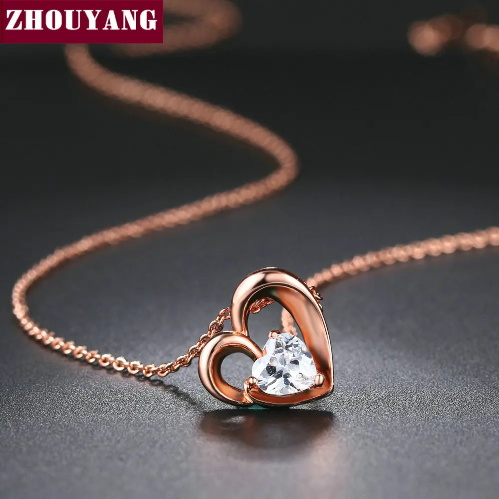 ZHOUYANG Pendant Necklace For Woman Girl Sweety Hollow Out Heart To Heart Cubic Zirconia Fashion Jewelry Party Work Gift N056