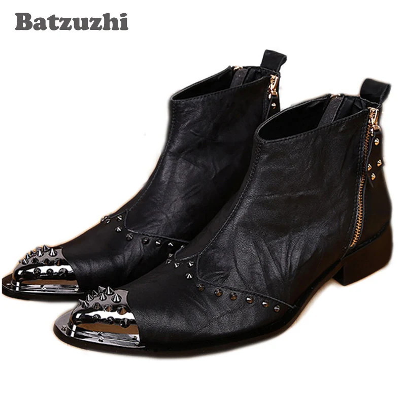 

Batzuzhi Western Black Men Leather Boots Fashion Designer Metal Toe Rivets Short Ankle Boots for Men, Big Size EU38-46!