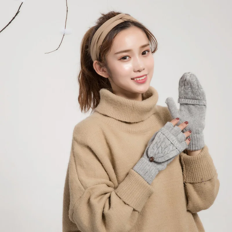 Fashion Lovely Female Winter Acrylic Wool Knit Warm Half Finger Clamshell Mittens Women Cute Two Uses Fingerless Gloves S52