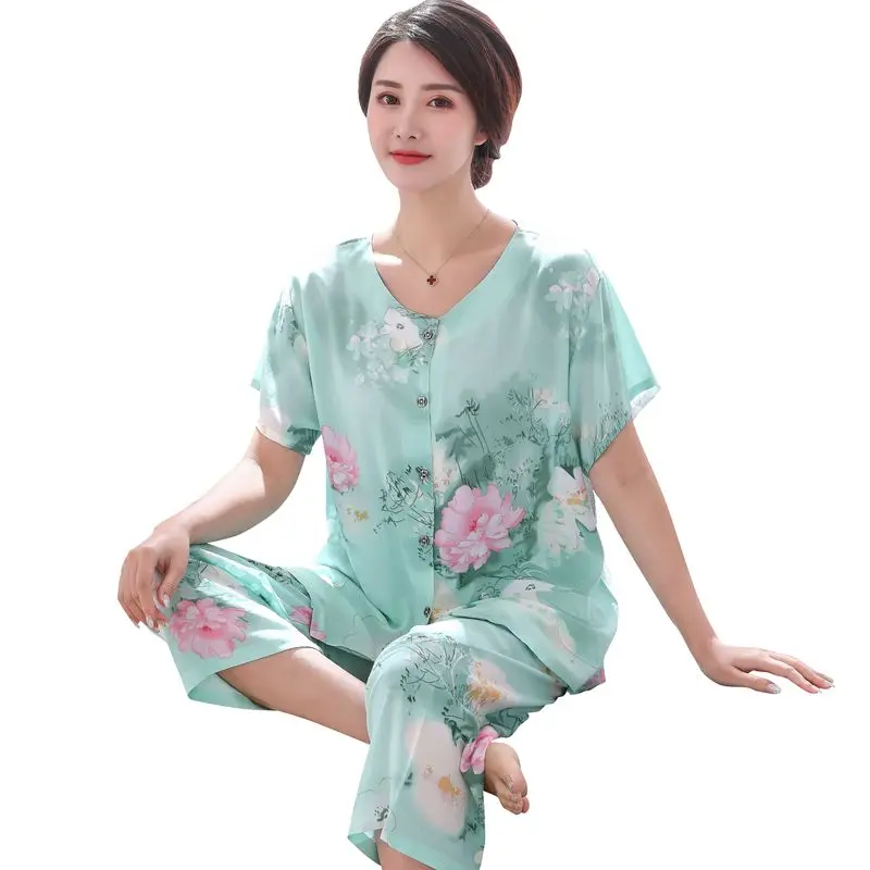 2PC Women Cotton Pajamas Set Summer New Thin Floral Short Sleeve Loose Sleepwear Casual Homewear Female Pyjamas  3XL