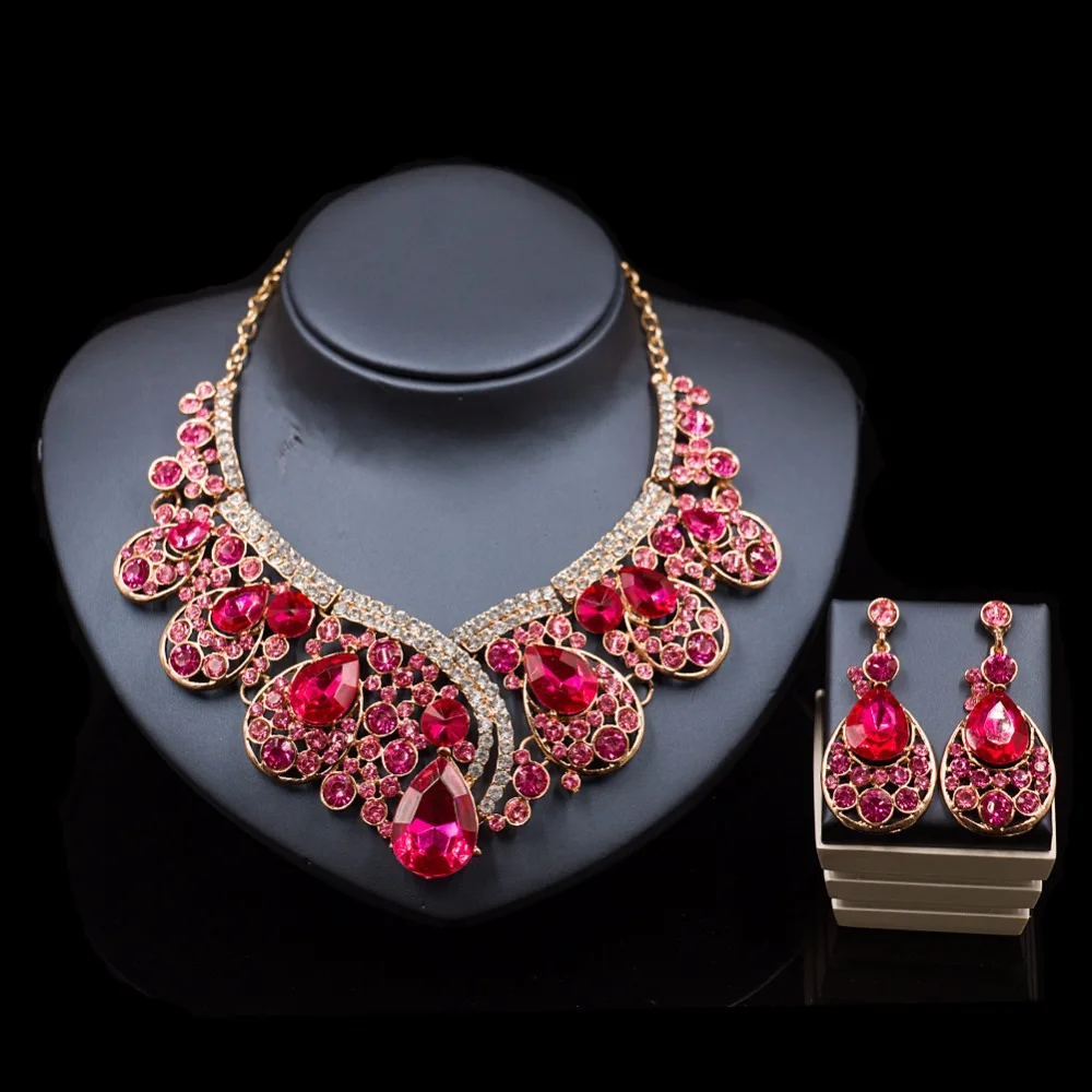 Luxurious Teardrop Crystal Bridal Wedding Jewelry Sets Rhinestone Big Necklace Earrings Sets Hot Sale TL034