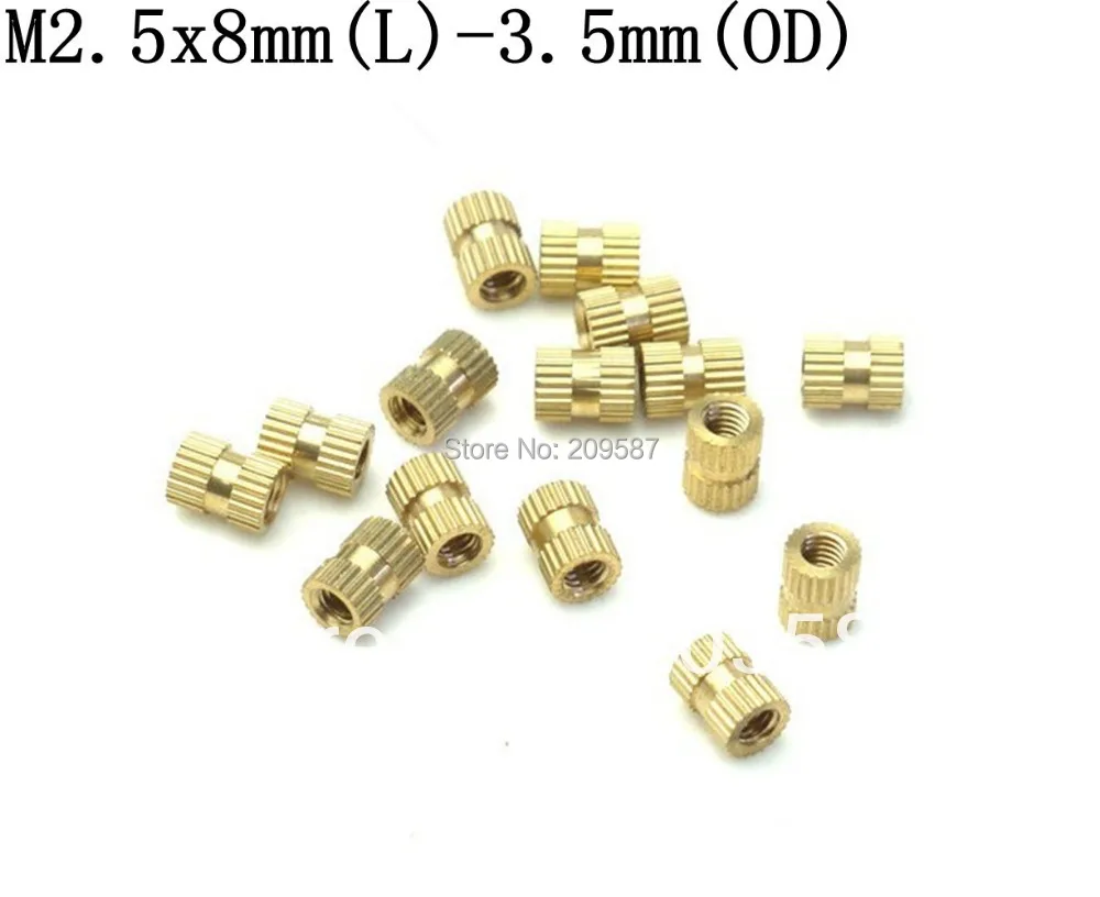 100Pcs ทองเหลือง Knurl Nuts M2.5x8mm(L)-3.5มม.(OD) เมตริกเกลียว