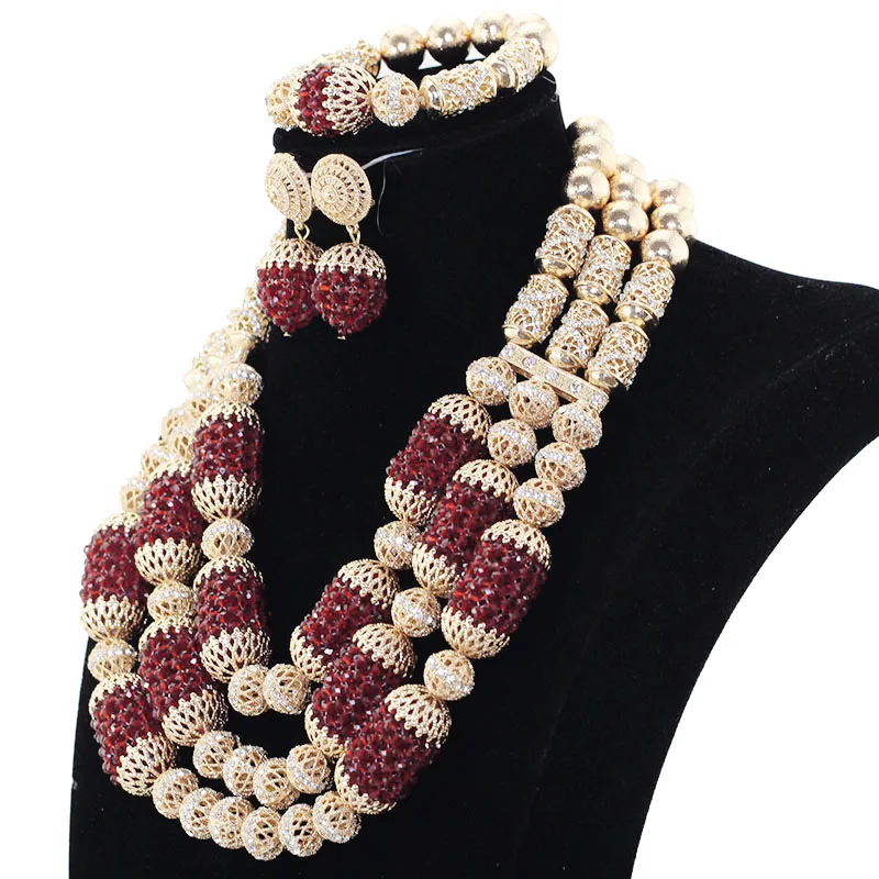 2017 Fabulous Burgundy Wine Nigerian Wedding Crystal Jewelry Sets Women Costume Bride Gold Statement Necklace Set ABH563