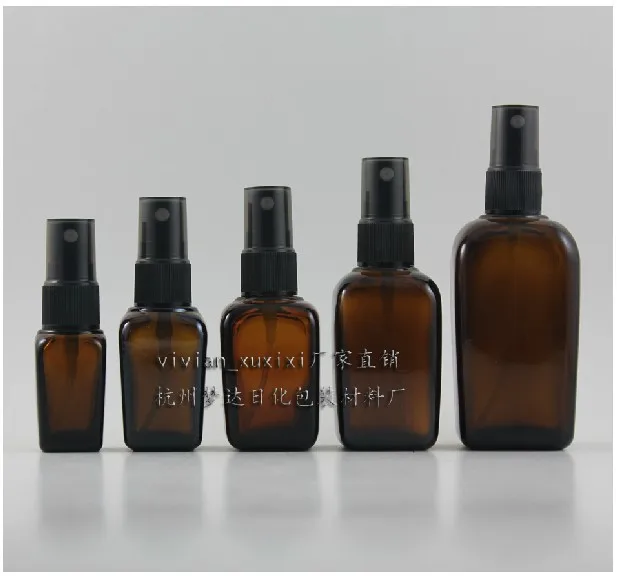 

50pcs 100ml square amber glass perfume pump bottle, Amber Glass bottle with black mist spray pump, Glass Packaging for toner