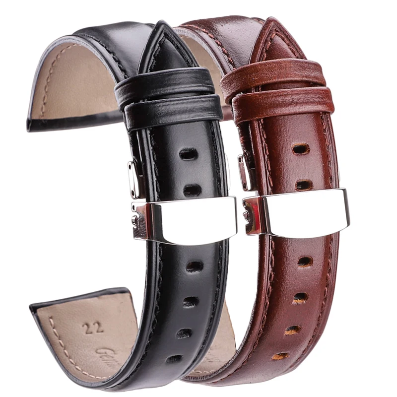 18mm - 24mm Watch Band Strap Brown Black High Quality Genuine Leather Watchbands Bracelet Accessories Deployment Buckle