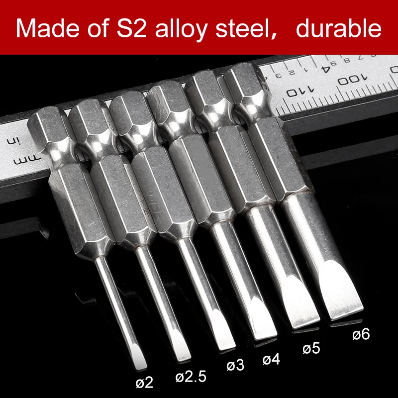 HOEN New Arrival 6pcs/set 50mm 2.0-6.0mm S2 Alloy Steel Flat Head Slotted Tip Magnetic Slotted Screwdrivers Bits Wholesale Price