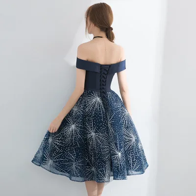 Robe de soirée courte bleu marine, Unique, élégante robe de bal, épaules dénudées, robes de fête formelles, turquie, boutique en ligne, 2019