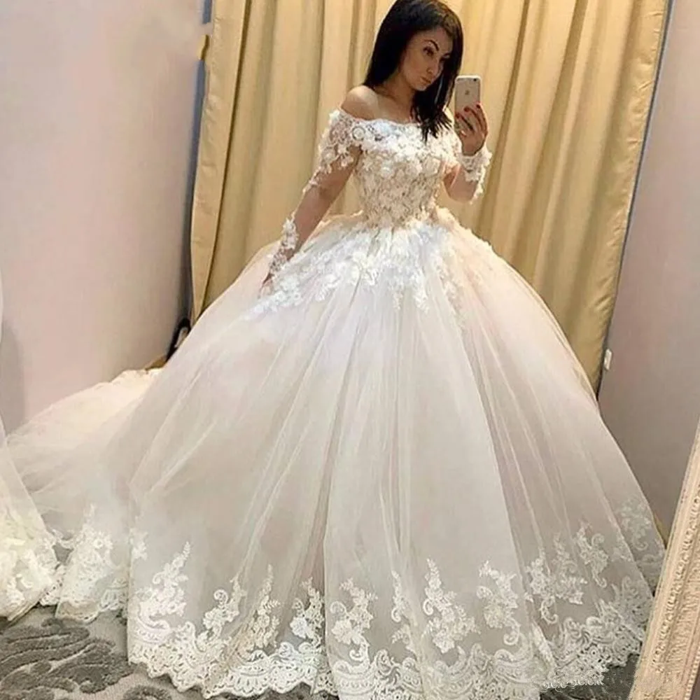 2022 Ball Gown Wedding Dresses Illusion Long Sleeve Lace Appliques Hand Made 3D Flowers Floor Length Bridal Dresses Arabic gown