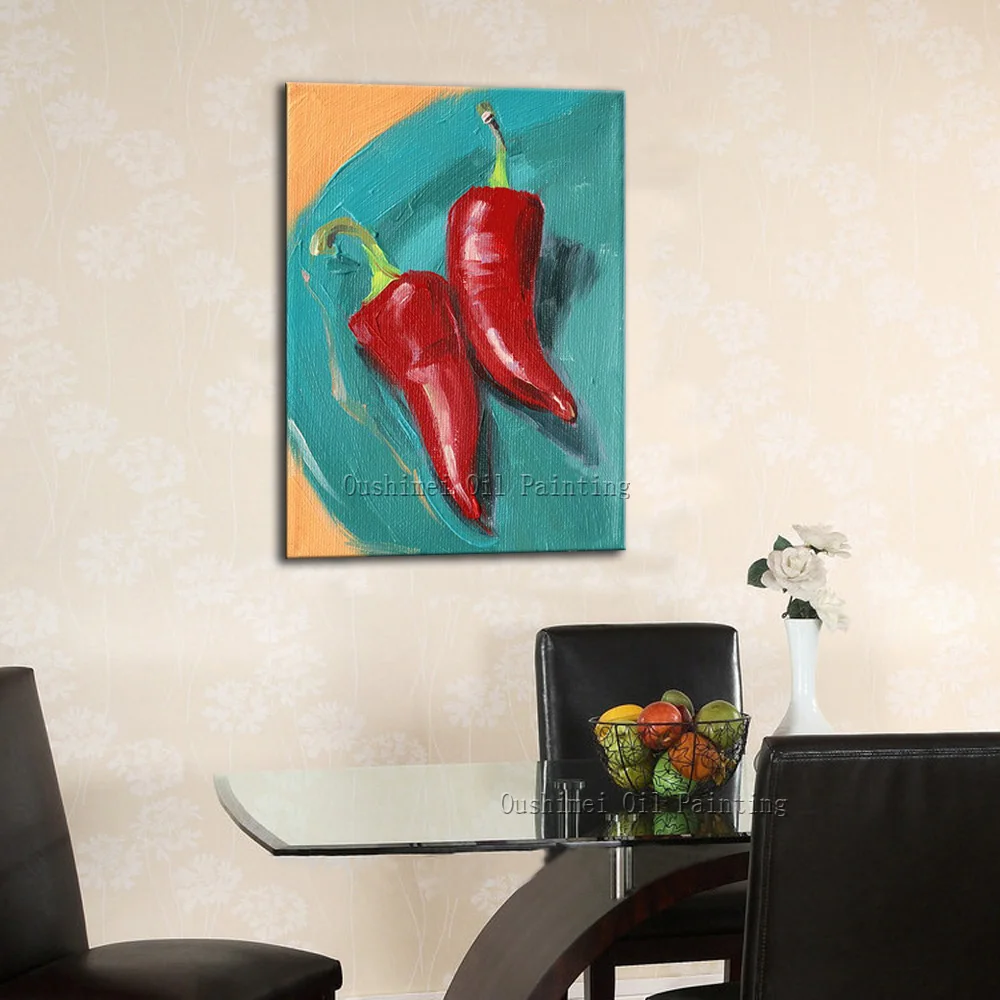 Wholesale High Quality Hot Pepper Oil Painting On Canvas Handmade Red Pepper Chili On Canvas For Kitchen Decoration Painting