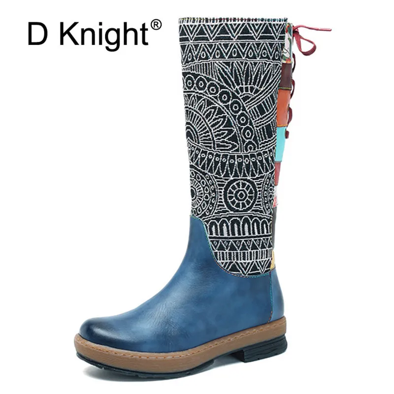 

D Knight Fashion Genuine Full Grain Leather Flat with Shoes Handmade Round Toe Heel 3cm Winter Spring Knee High Boots For Women