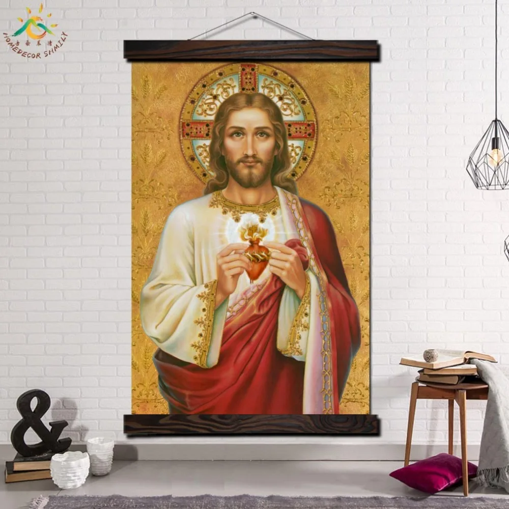 

Heart of Jesus Artwork Vintage Posters and Prints Scroll Painting Canvas Wall Art Pictures Framed Home Decoration