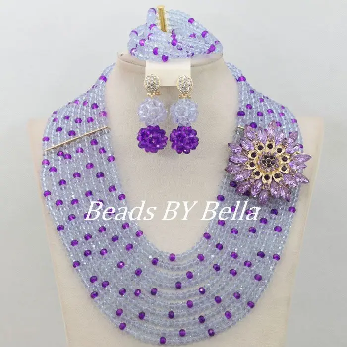 Lilac Purple Crystal Beads Necklace Costume Nigerian Wedding African Beads Jewelry Set Bridal Jewelry Sets Free Shipping ABF205