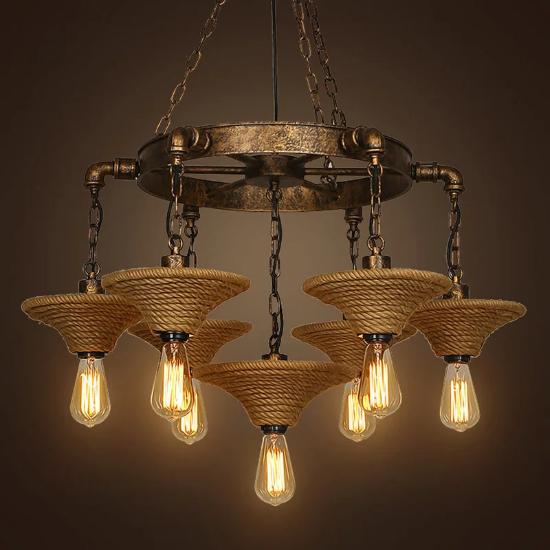 Retro rope Pendant Lights wrought loft American restaurant bar clothing store decoration industry wind 7 head lamps ZA GY45