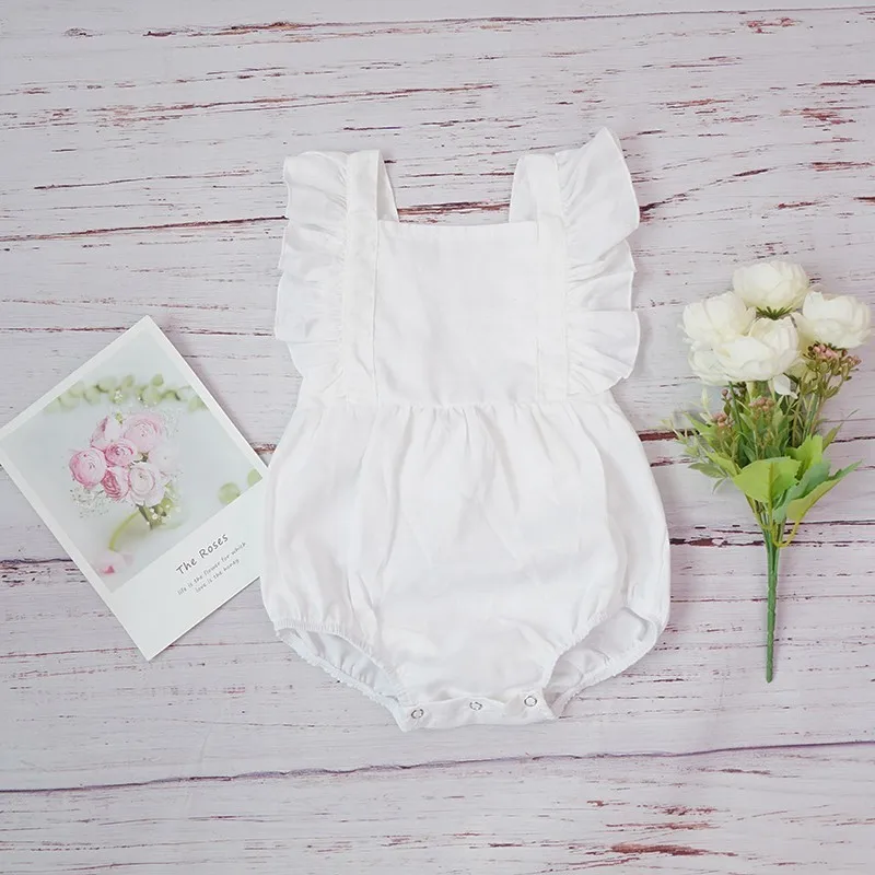 Barboteuse d\'été en lin rose clair pour bébé fille, combinaison en coton à manches bouffantes, couleur unie