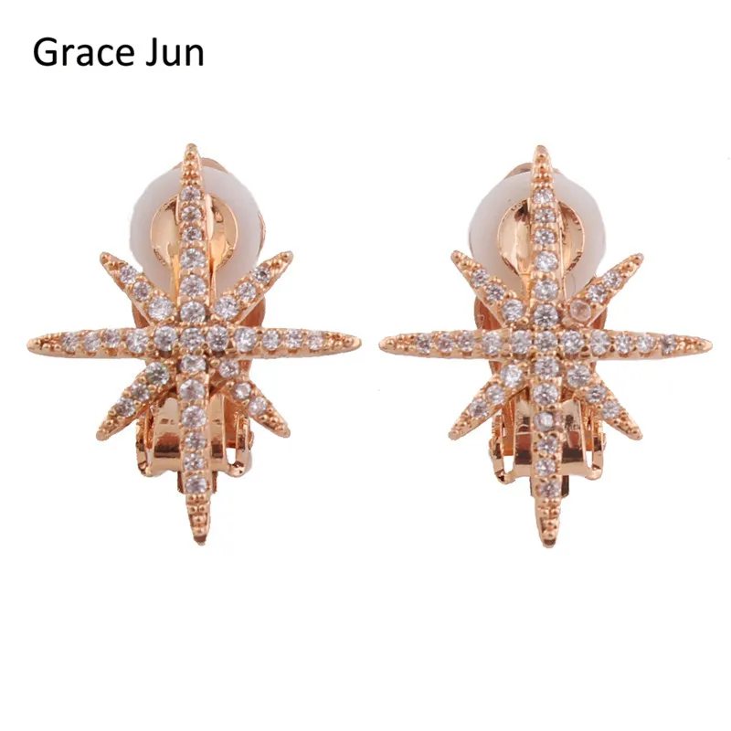 Grace Jun Korea Style Bridal Full Cubic Zirconia Clip on Earrings No Pierced for Women Wedding Prom Charm Ear Clip Not Allergy