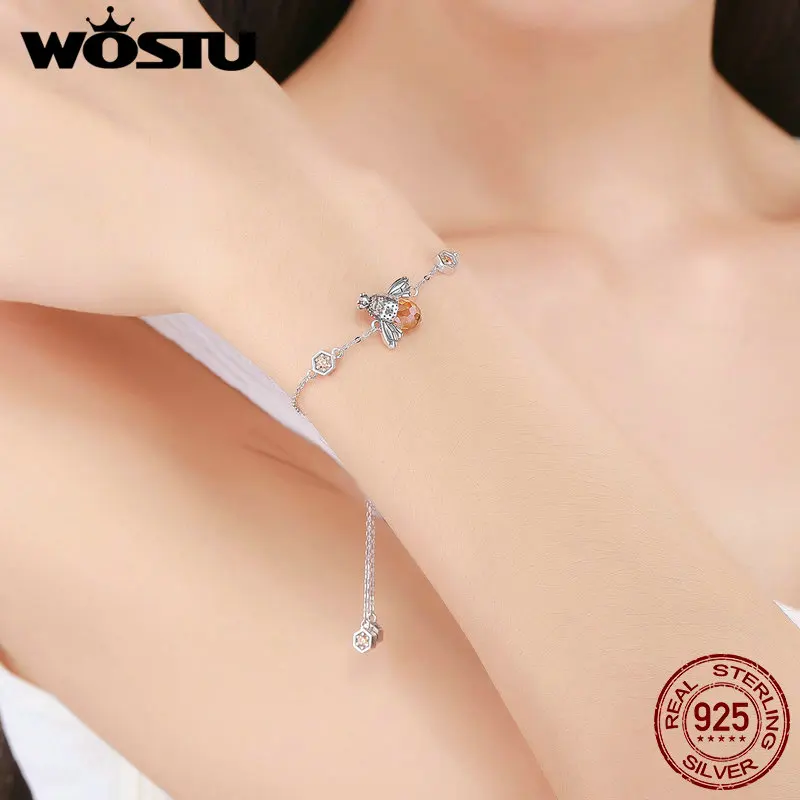 WOSTU Authentic 925 Sterling Silver Crown Honey Bee Chain Link Bracelet For Women Big Stone Crystal Bracelet Jewelry Gift CQB043