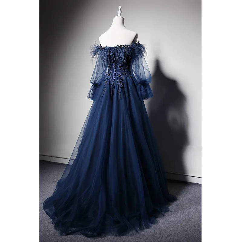 Navy Blue Long Sleeve Lace Evening Dresses Party Off Shouler A Line Beautiful Ladies Women Prom Formal Evening Gowns Dresses