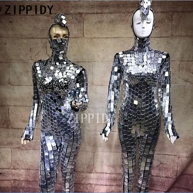 Silver Sequins jumpsuit และหน้ากาก Sparkly ชุดผู้หญิงคอสเพลย์ปาร์ตี้ไนท์คลับนักร้องหญิง DS Show เซ็กซี่ Bodysuits