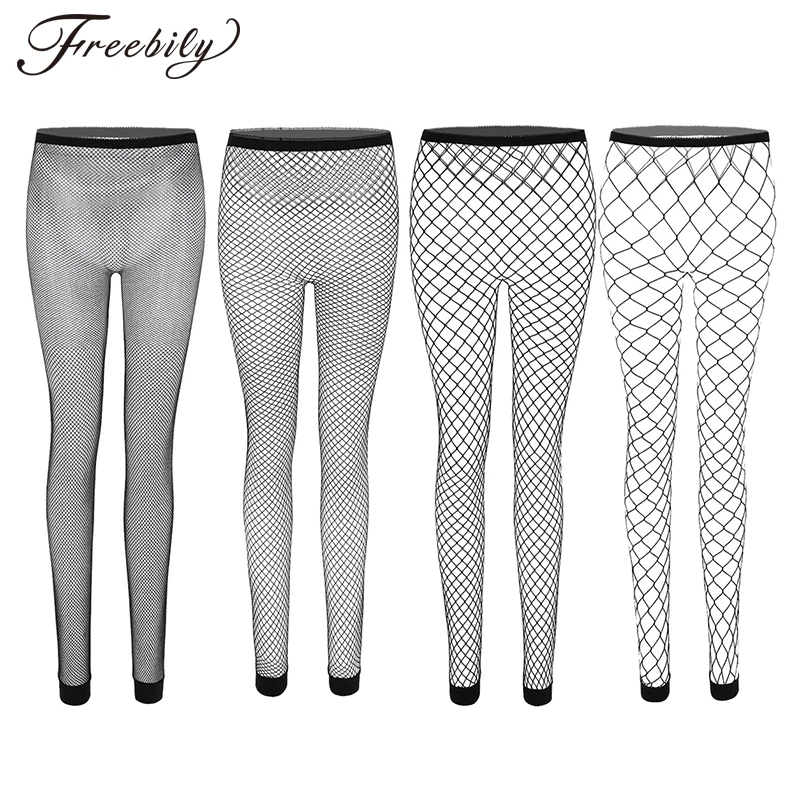 Sexy Women Fishnet Leggings Hollow Out Mesh Net Trousers See Through High Waist Transparent Ankle Length Footless Leggings Pants