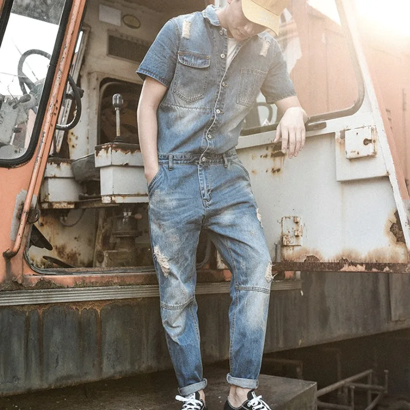 Japan Retro Mens Overalls Short Sleeved One Piece Denim Pants Casual Washed Jeans Jumpsuits Button Classic Hole Ripped Trousers