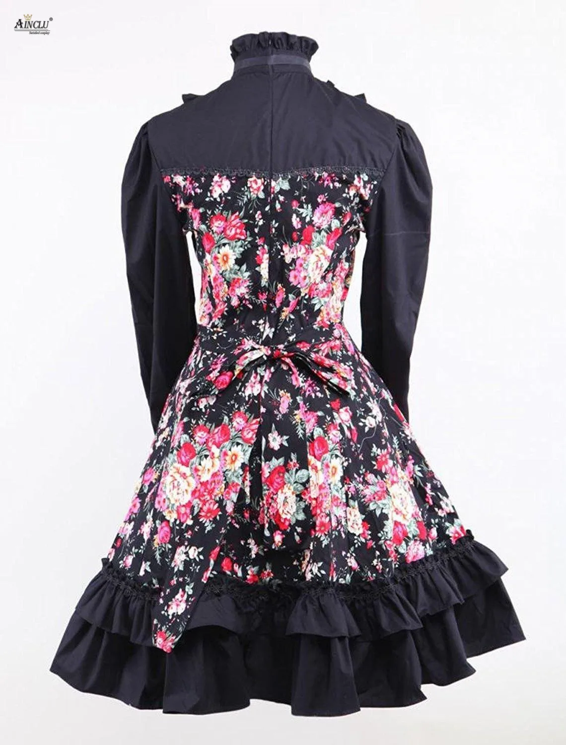 Middle-Long Dress Ainclu Womens Casual/Party Black Printing Floral Stand Collar Long Sleeves Cotton Sweet Lolita Dress XS-XXL