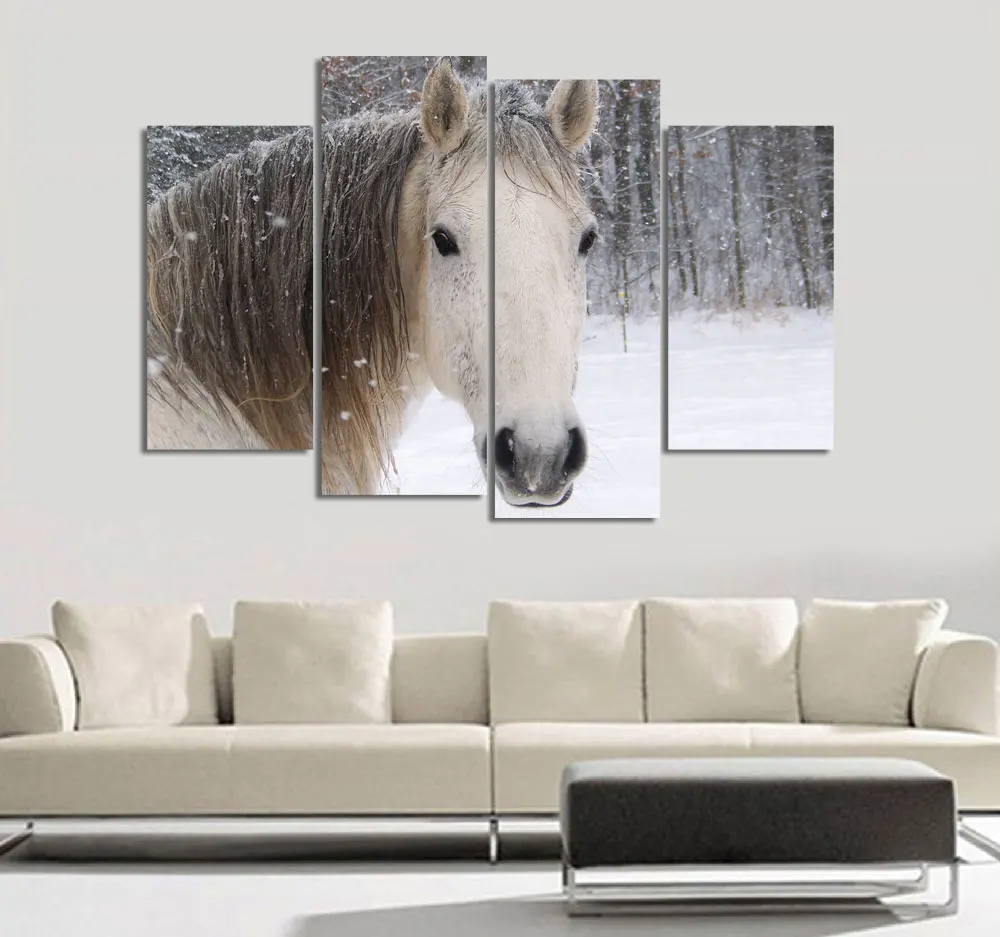 

4pcs Modern Canvas Painting One White Horse Animal Art Print Poster Wall Sticker Seaview Oil Painting Home Decoration Unframed