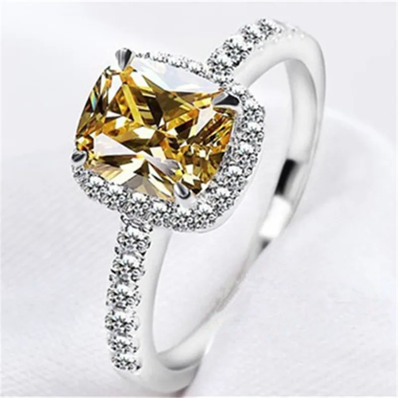 CC Rings For Women Yellow Square Stone Sterling Silver Color Wedding Engagement Ring Bridal Jewelry Anillos Mujer CC594