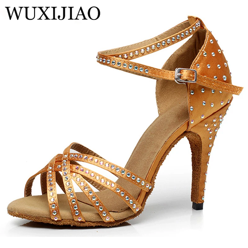 WUXIJIAO Satin Latin dancing shoes Women's Rhinestone companionship shoes Salsa Party Ballroom dancing shoes heel 5cm-10 cm