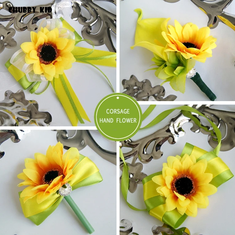 10pcs/lot ! Artificial yellow color sunflower groomsmen boutonnieres groom corsages bridal wrist flowers Bridesmaid hand flowers