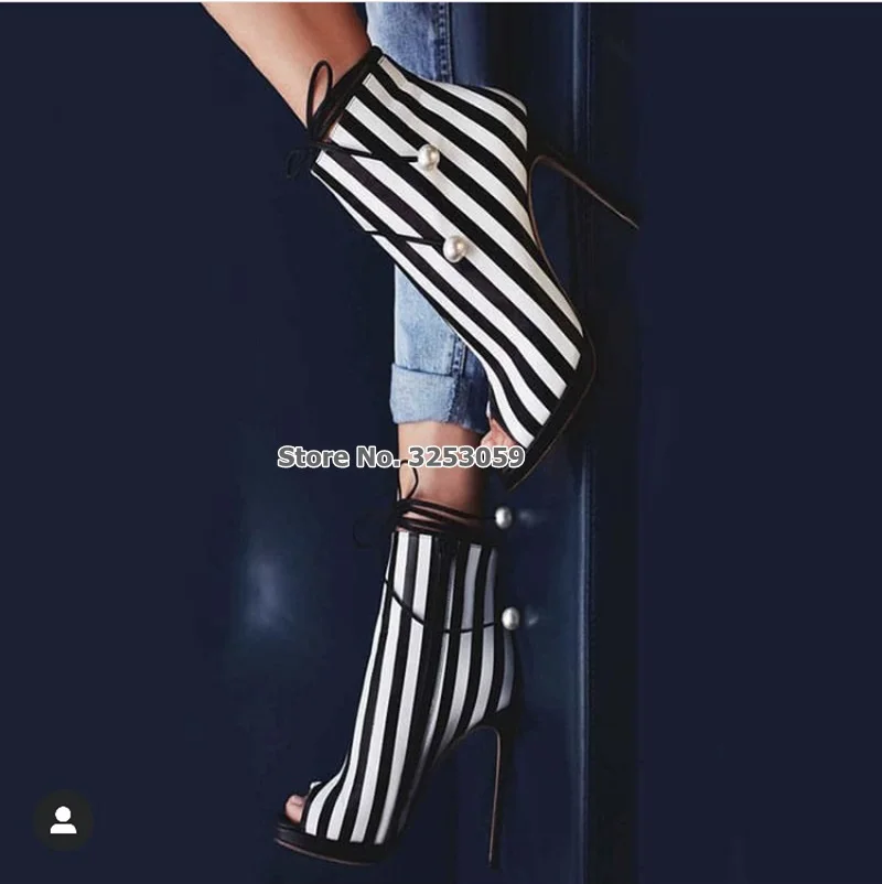 ALMUDENA Women Chic White/Black Vertical Zebra Stripe Ankle Boots Peep Toe Lace-up Pearl Booties Stiletto Heels Dress Shoes