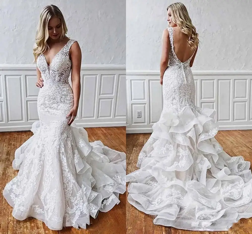 Robe de mariee Romantische Rüschen Zug Meerjungfrau Spitze Brautkleider 2019 Tiefem V-ausschnitt Sexy Backless Braut Kleid Hochzeit Kleider