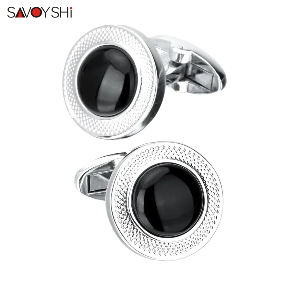 SAVOYSHI Luxury Black Stone Cufflinks for Mens High Quality Silver color Round Carving Pattern Cuff link Gift Brand Men Jewelry