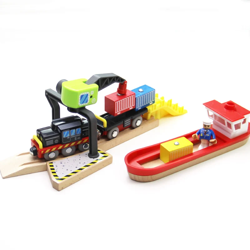 Wooden Dock Loading Crane Cargo Ship Toy Set Scene Compatible With Train Wood Track Children  Track Series Toy Accessories