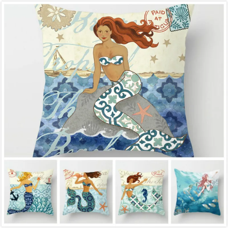 RULDGEE Marine Anchor Mermaid Nautical  Ocean Linen Throw Pillow Home Decorative Pillowcase