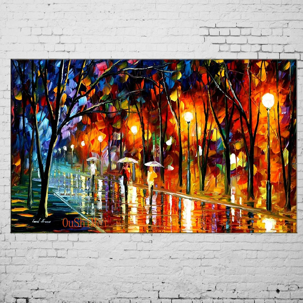 Hand Painted Street Landscape in Rain Oil Painting Picture Modern Wall Paintings On Canvas Knife Picture For Room Decor Painting