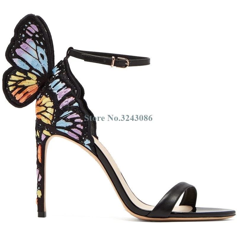 

Colorful Embroider Butterfly Wings Thin High Heel Sandals Elegant Single Strap Stiletto Heel Sandals Women Summer Party Shoes