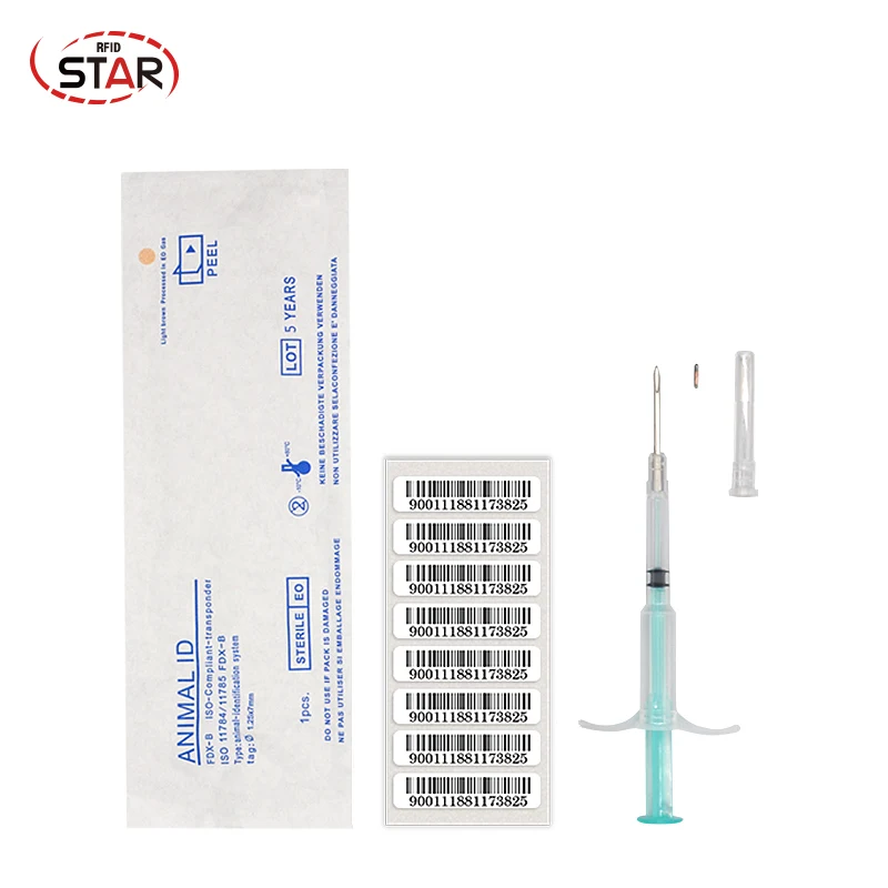 

(10pcs) 134.2KHz FDX-B ISO 11784/11785 Pet Animal Microchip RFID Glass cat microchips with Syringe for Pet Dog ID 1.25X7mm Size