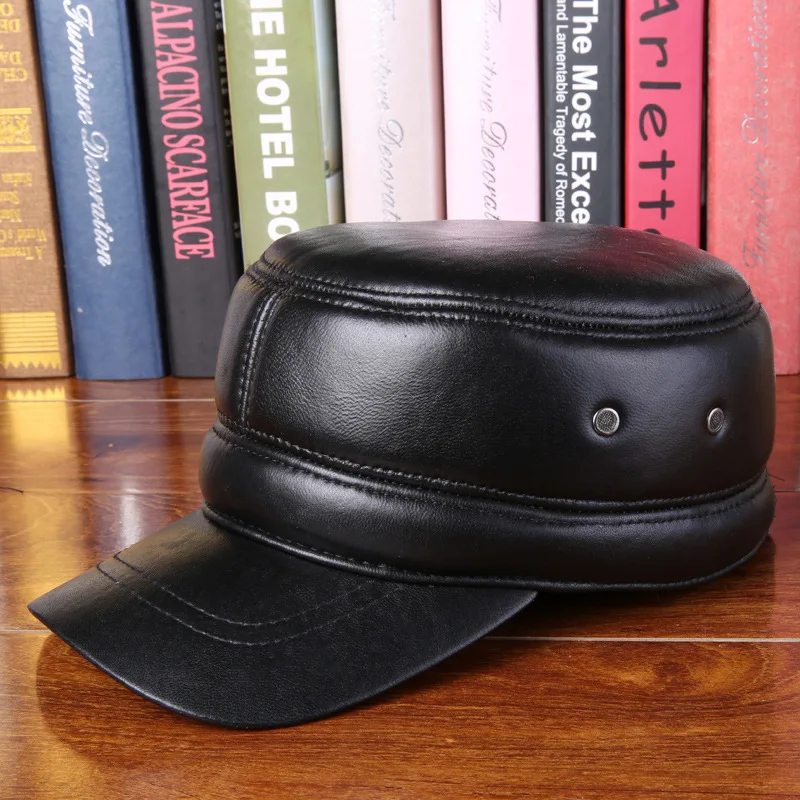 New Leather Hat Middle-aged Man Autumn Winter Sheepskin Visor Hats Old Man Flat Top Fashion High Quality Warm Cotton Cap H7014