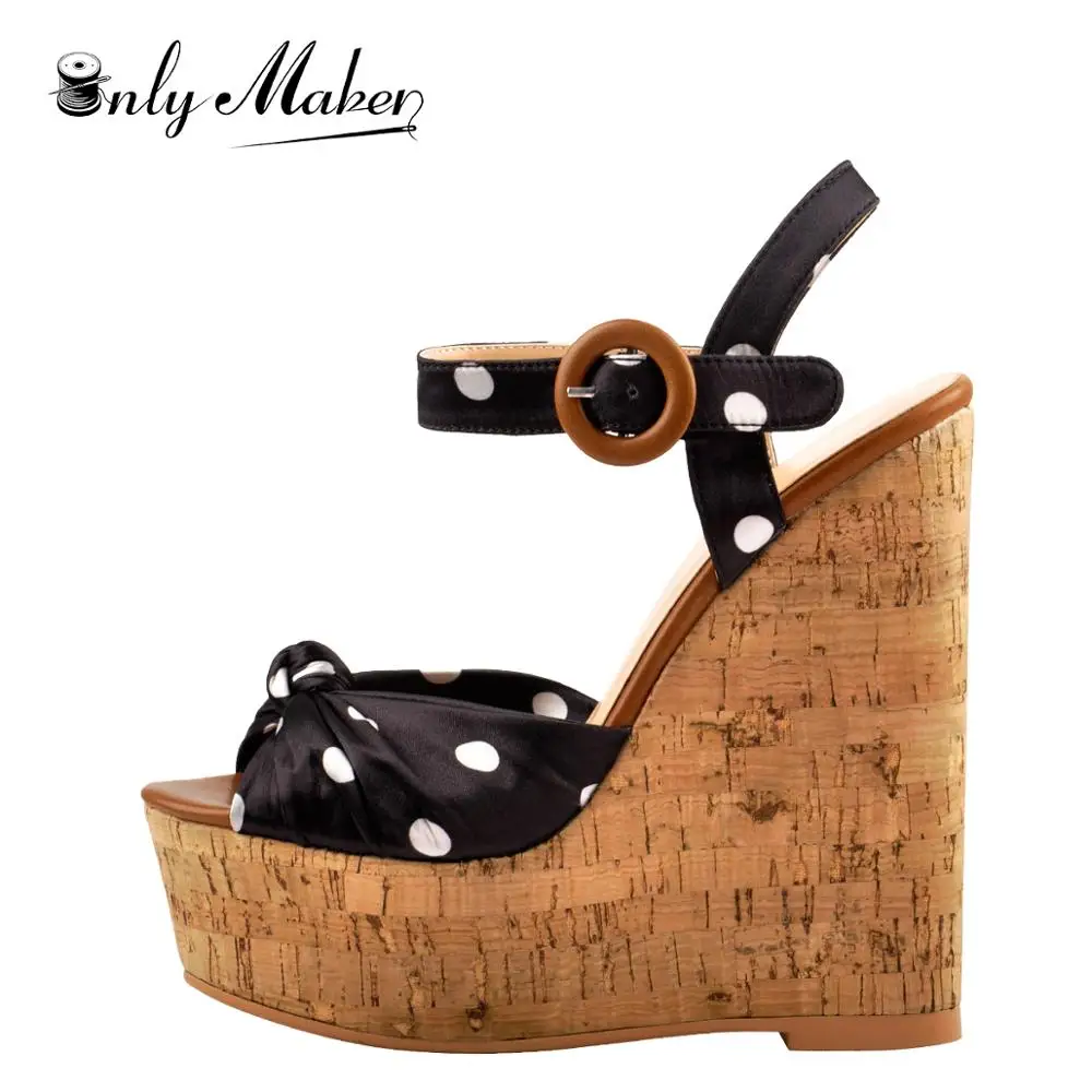 Onlymaker Women Wedge Platform Wood Heel Sandals Polka Dot Ankle Strap Open Toe Sandals For Casual Party High Quality Shoes 37