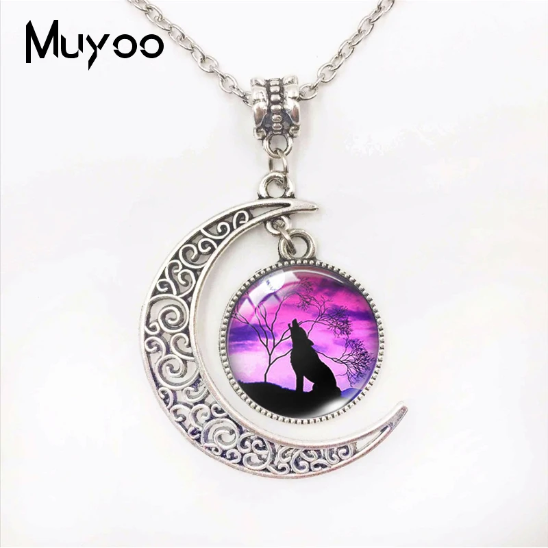

Цепочка с длинной цепочкой, модное ожерелье с волком и луной, луной, стеклянный кабошон для кулона, полная луна и волк