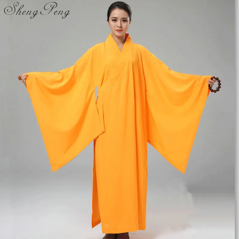 Female pure color buddhist monk robes Shaolin monk uniform for ladies Traditional chinese clothing Long sleeve Q260