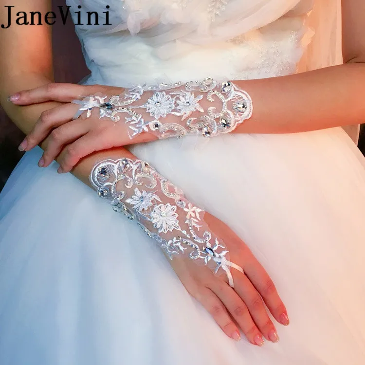 JaneVini 2018 White Short Wedding Gloves with Beads Fingerless Wrist Length Cheap Tulle Bridal Gloves Accessoires Pour Mariage