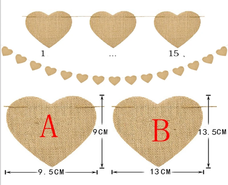 

20pcs/lot 15pcs Jute Fabric Bunting Banner Heart Flags vintage Wedding Party Burlap Banners Rustic wedding decoration