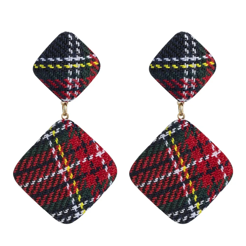 Elegant 4 Colors Houndstooth Plaid Fabric Round Square Geometric Earrings for Women Girls Cloth Jewelry Accessories Gift