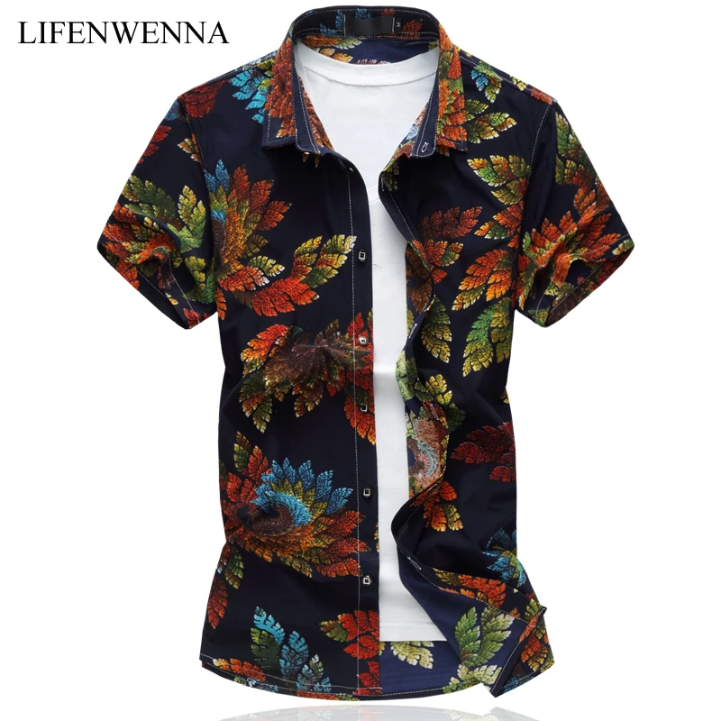 Plus Size 6XL Men's Shirt 2019 Summer Fashion Leaves Print Short Sleeve Shirt Mens Clothes Trend Casual Slim Fit Print Shirt Men