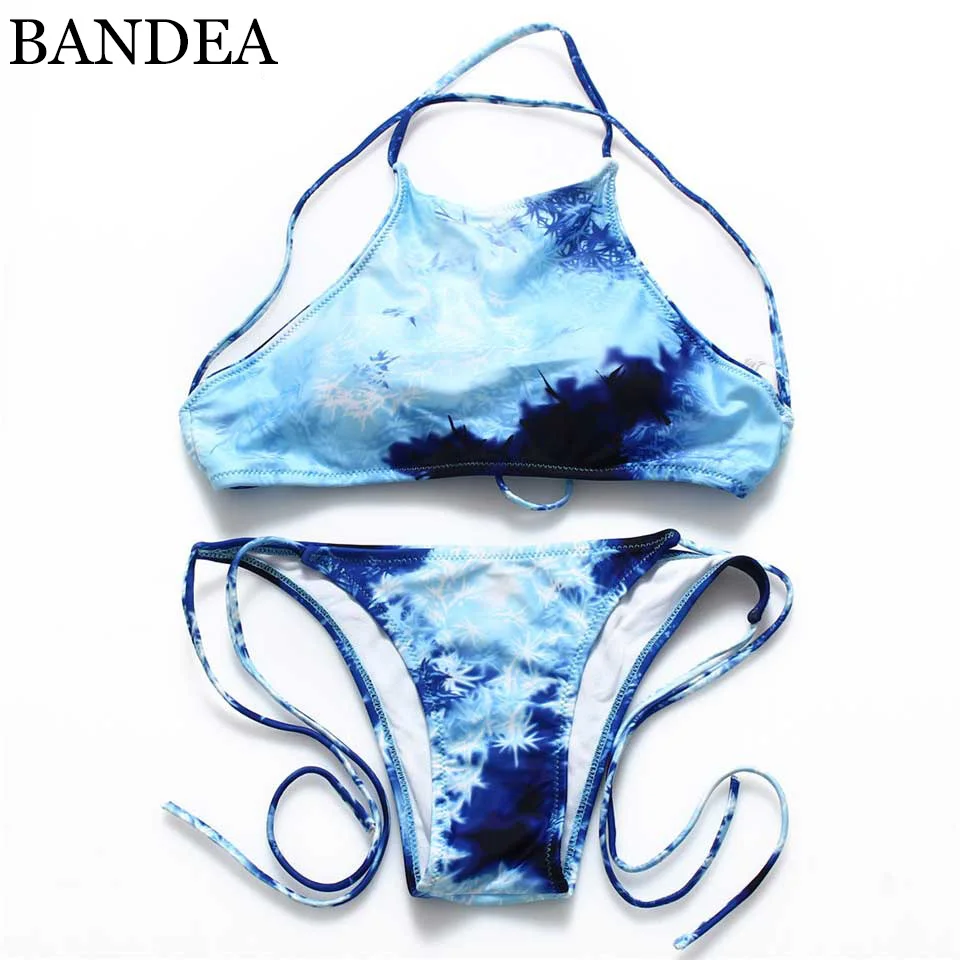 

2020 Tie Dye Bikini High Neck Removable Bikini Set Floral Printed Swimsuit String Swimwear Biquini Crop Top +bottom