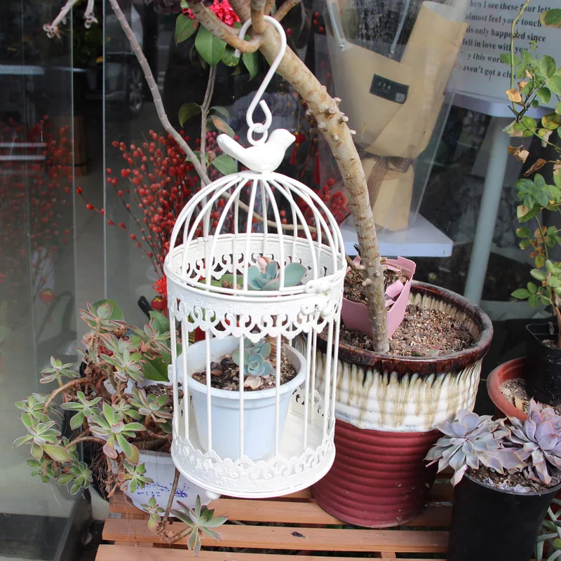 Outdoor Modern iron garden wrought metal birdcage white bird cage with Bird hook decoration hanging flowerpot succulent plants