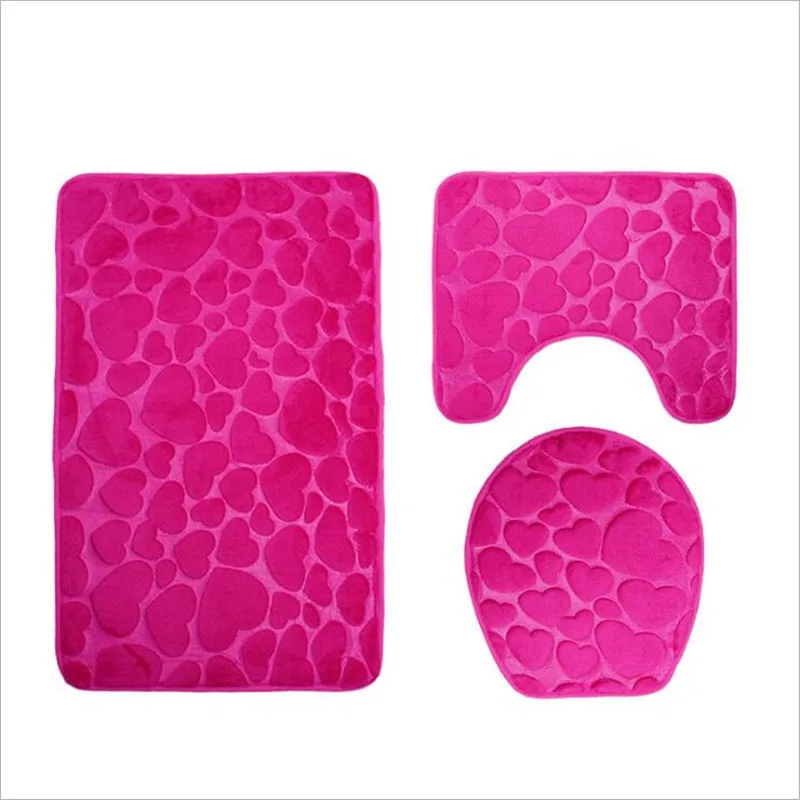 Occident Style 3D Flannel Toilet Pad Embossing with hearts pattern 3PCS Bathroom Floor Mat Set Anti-Skid Toilet Floor Rugs